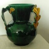 Earthenware vase with 3 handles of Vallauris oak leaves, 1950s vintage