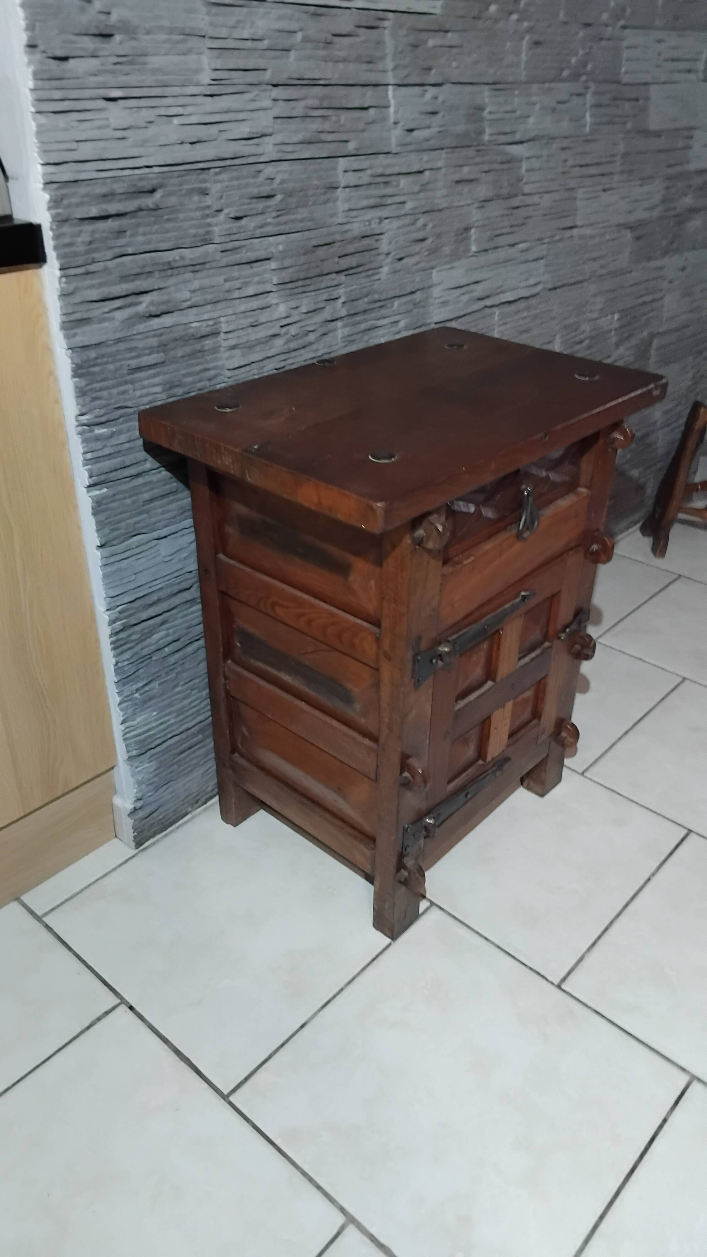 Small vintage brutalist solid oak jam cupboard with wrought iron trim