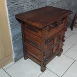 Small vintage brutalist solid oak jam cupboard with wrought iron trim
