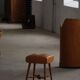 Turned wooden stool with leather seat, mid-20th century, Danish modern.