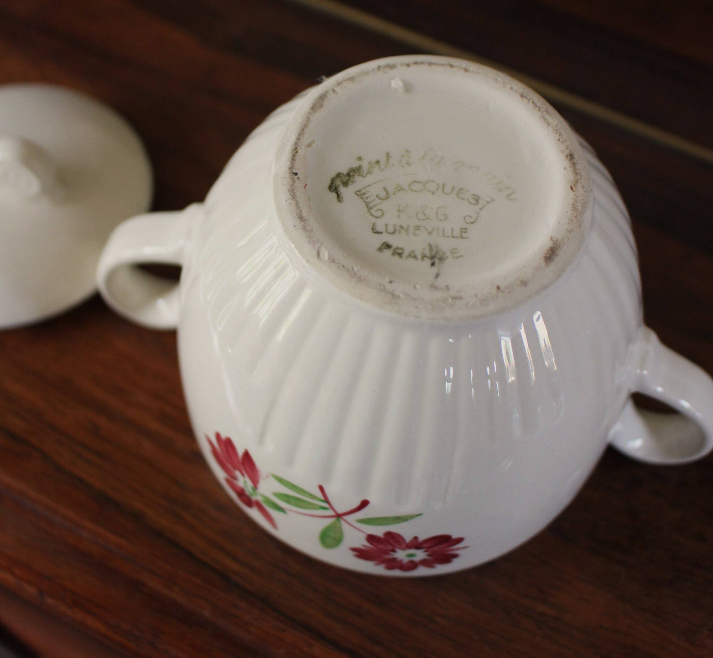 Jacques Lunéville ceramic sugar bowl with red flowers Art Deco