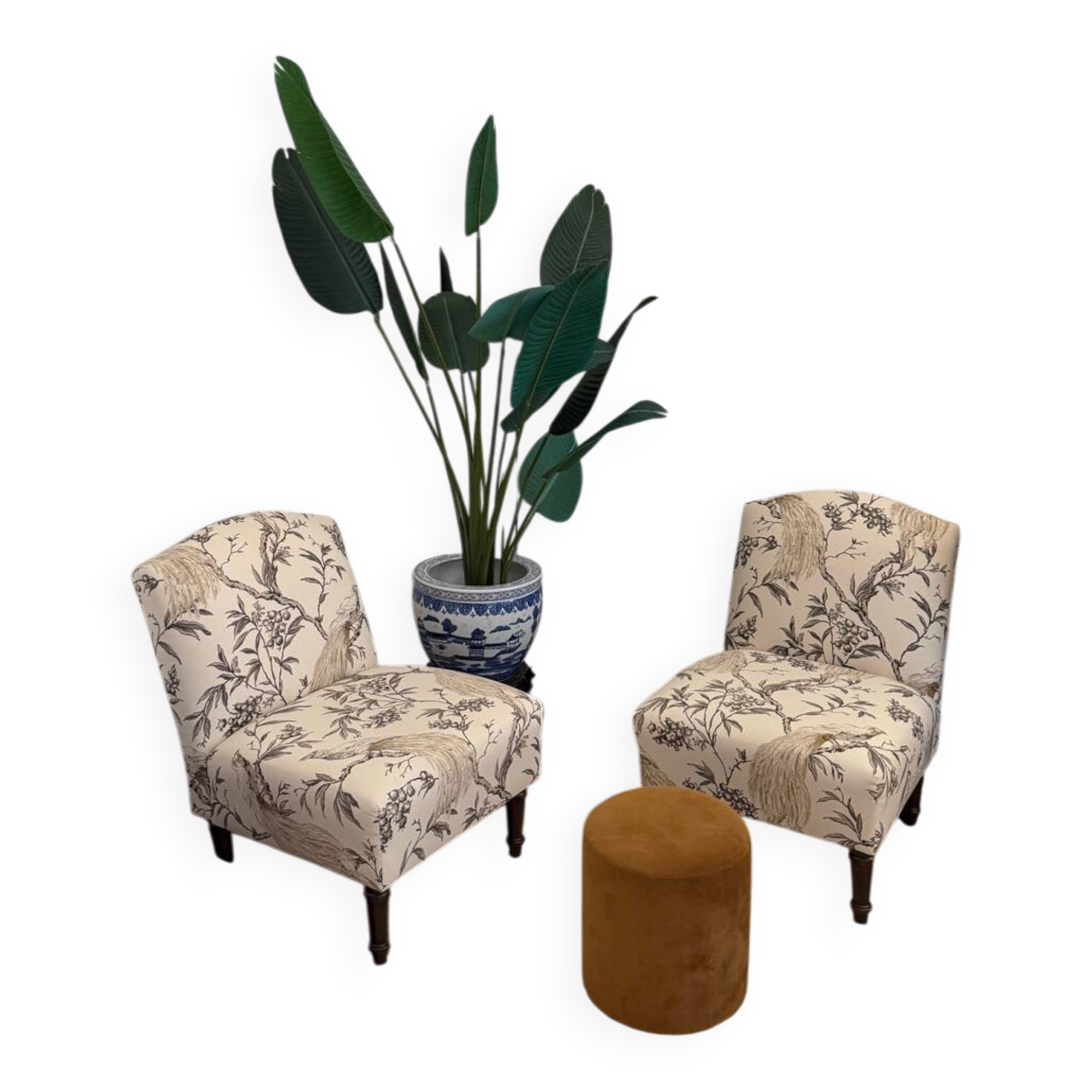 Paire de chauffeuses — tissu chinoiserie oiseaux exotiques