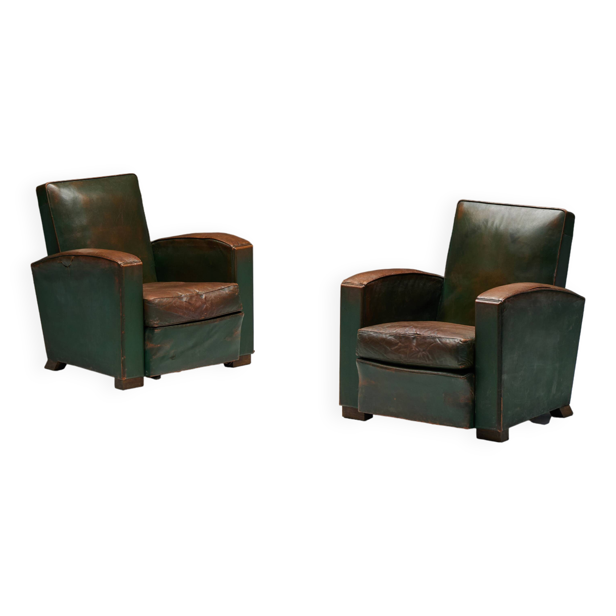 Art Deco Leather Club Chairs, France, 1930s