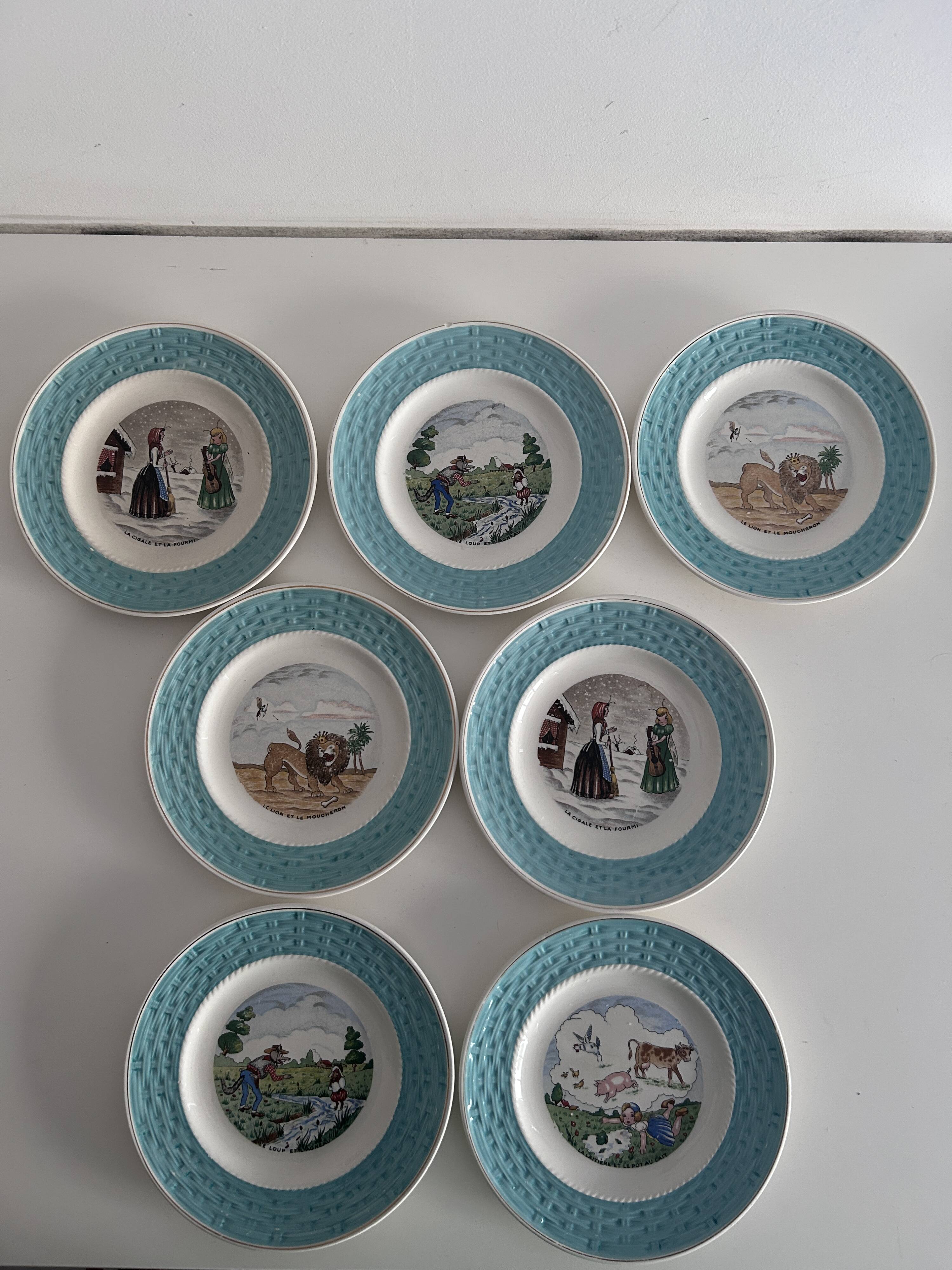 Set of 7 antique plates 18 cm – Fables de La Fontaine – turquoise decoration