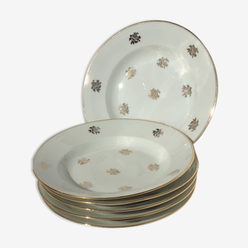 6 assiettes creuses porcelaine ivoire décor or roses