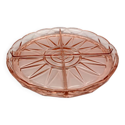 Beau plat rose avec 4 compartiments en verre pressé vintage