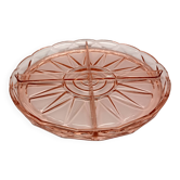 Beau plat rose avec 4 compartiments en verre pressé vintage