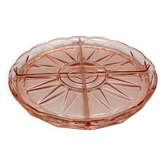 Beautiful pink dish with 4 compartments in vintage pressed glass