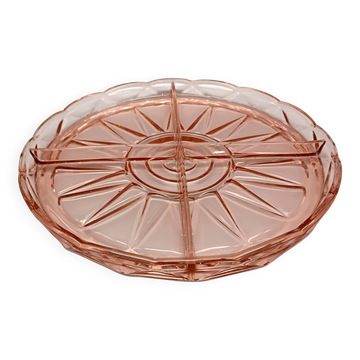 Beau plat rose avec 4 compartiments en verre pressé vintage