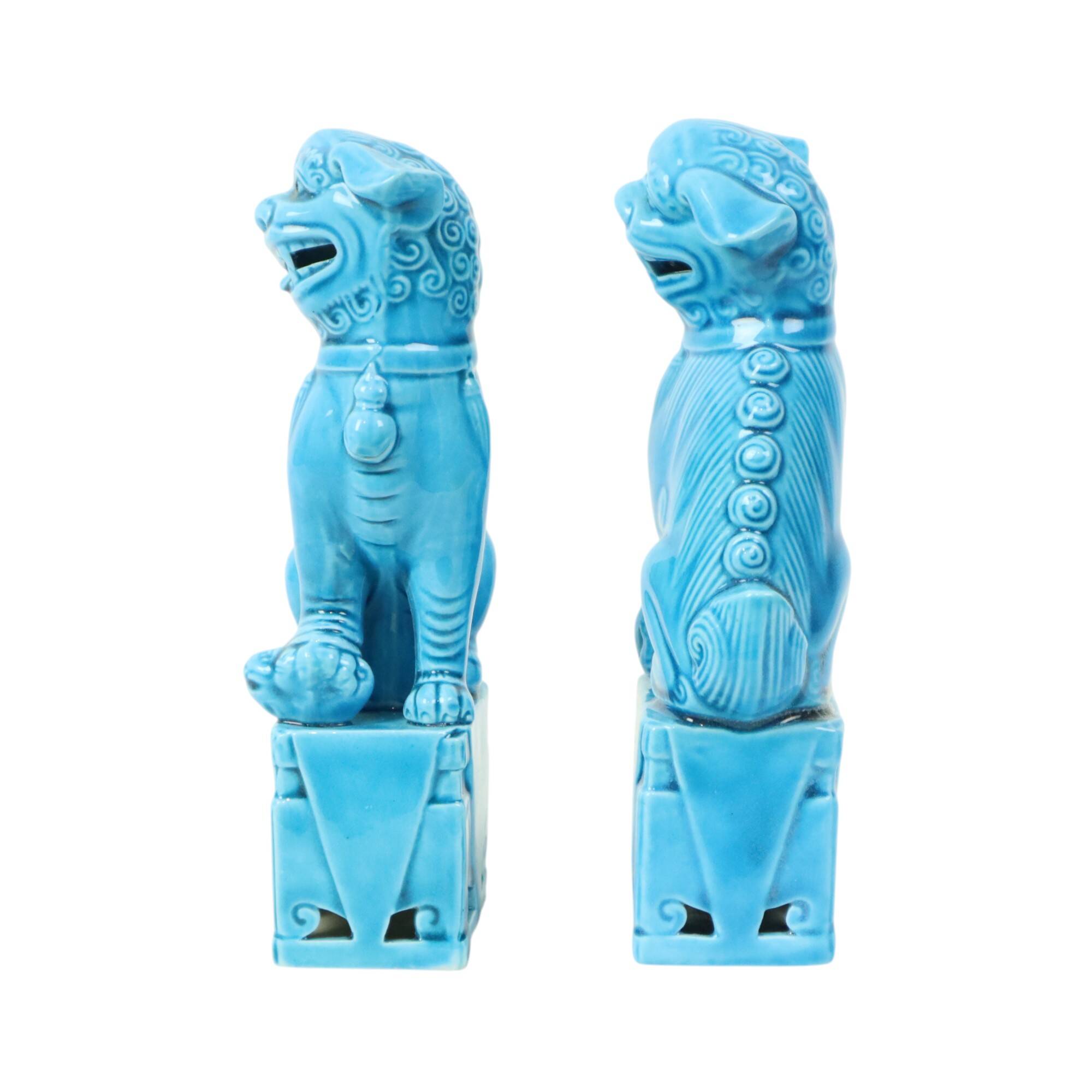Pair of Blue Glazed Foo Dog Temple Lion Figurines 16cm