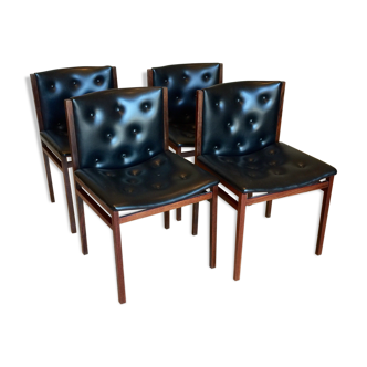 Lot de 4 chaises vintage en palissandre et moleskine capitonnée noire