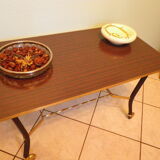 Lounge table, side table on wheels, formica top, gold and black metal
