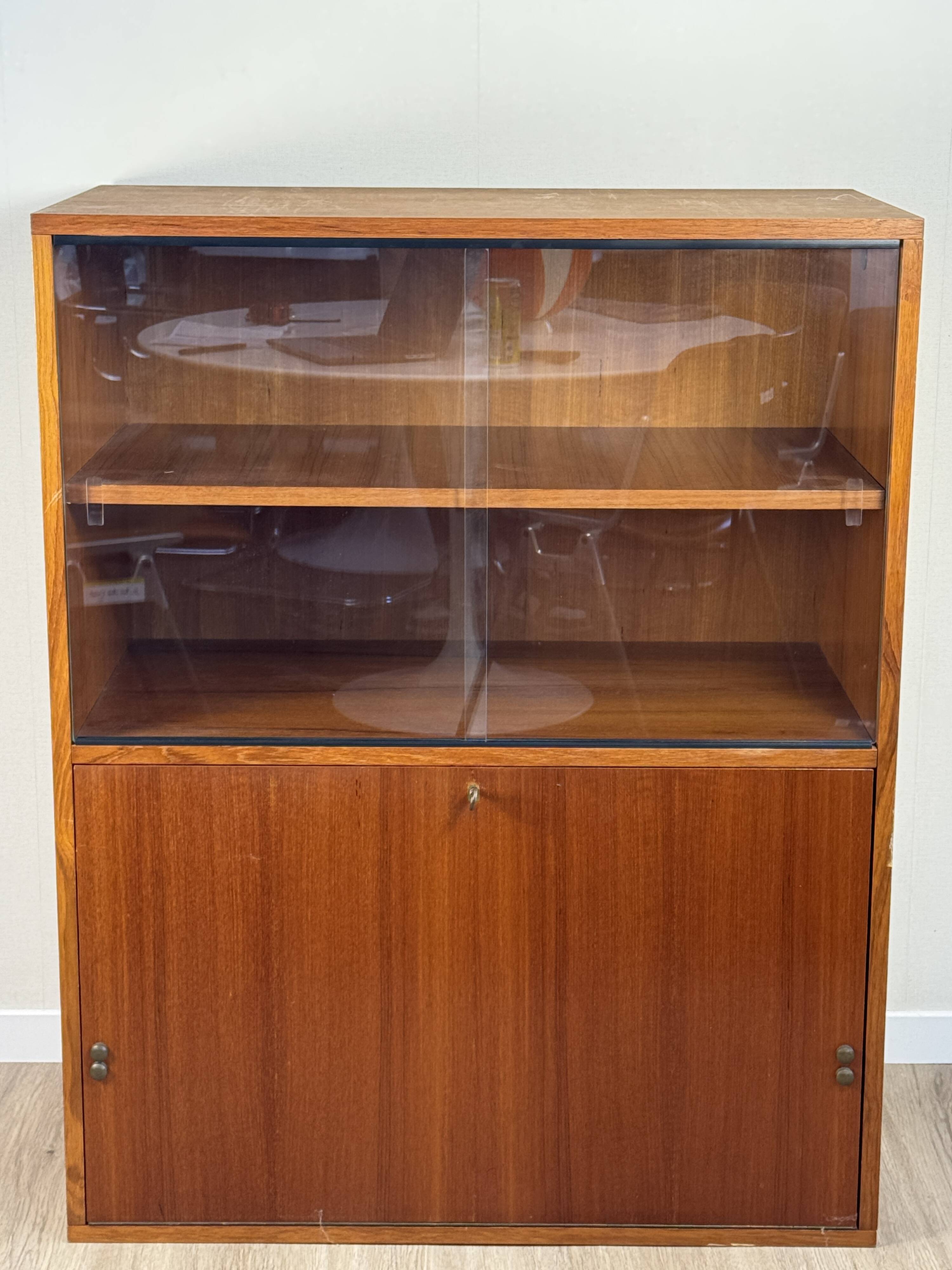 Teak furniture — sliding display cabinet + drop-down door