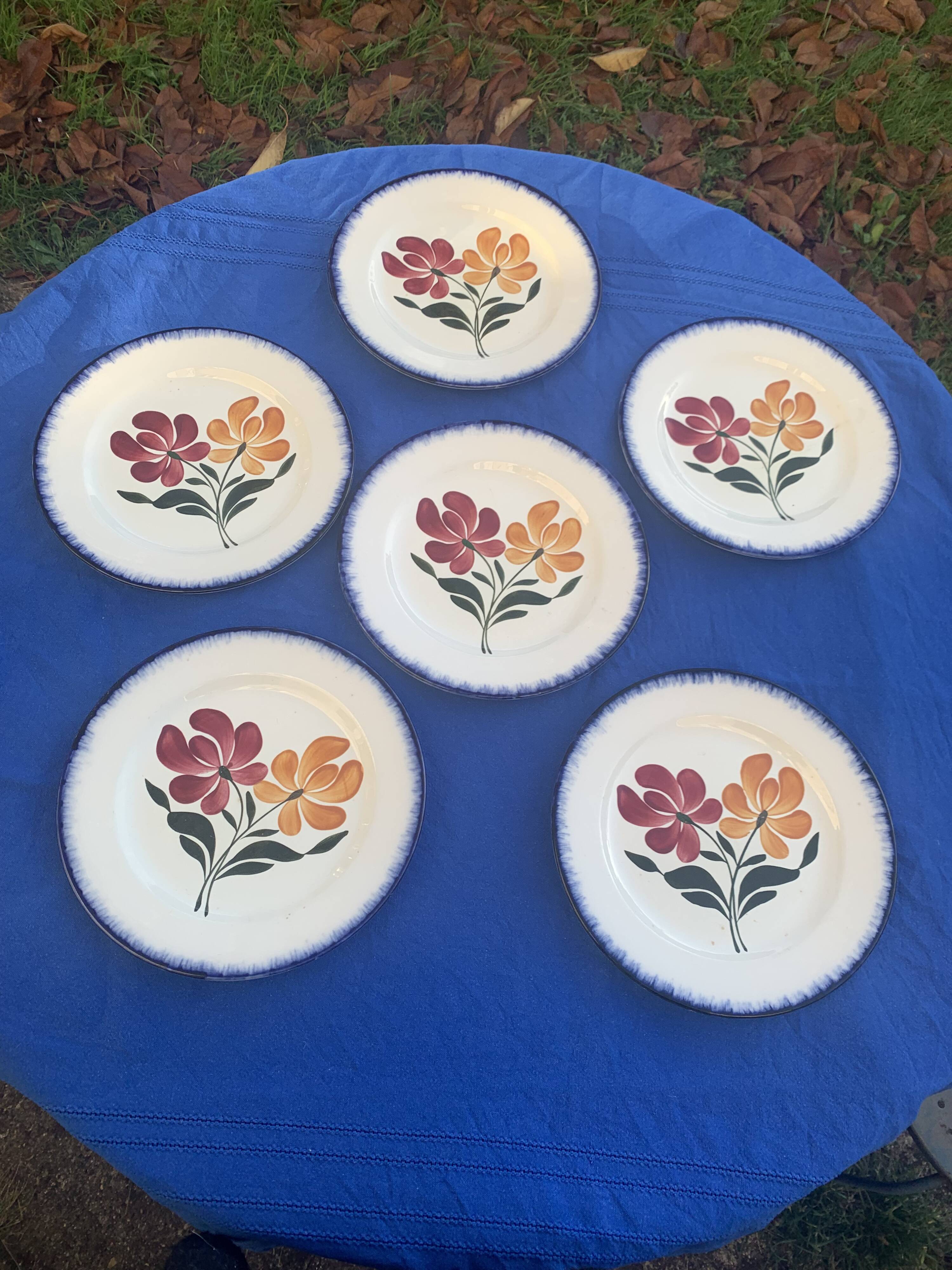 6 flat plates E. Charbonnier, Salins, Terre de Fer, countryside model, made in France, vintage