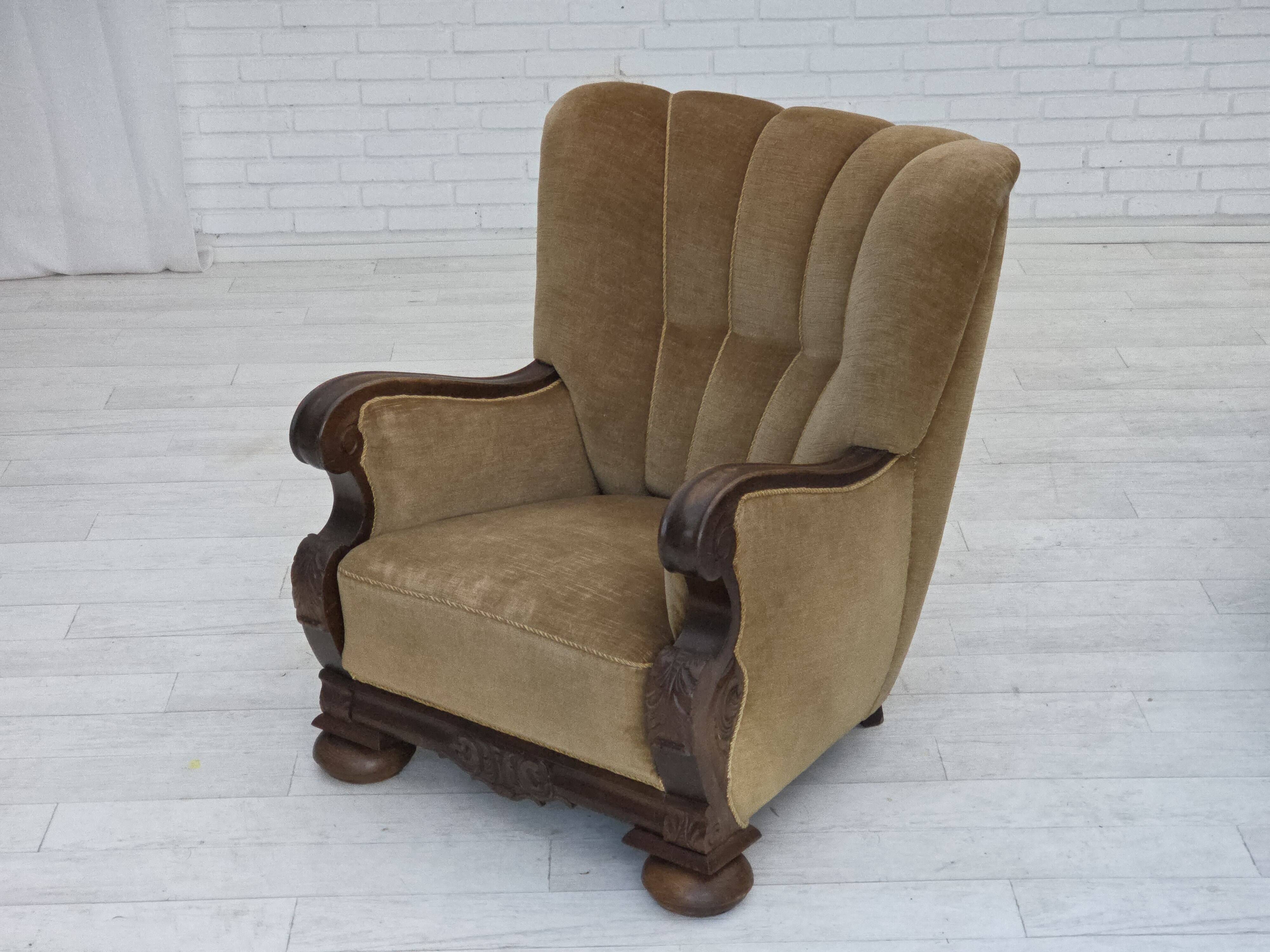 1960s, Danish relax chair, original green furniture velour, oak wood.