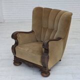 1960s, Danish relax chair, original green furniture velour, oak wood.