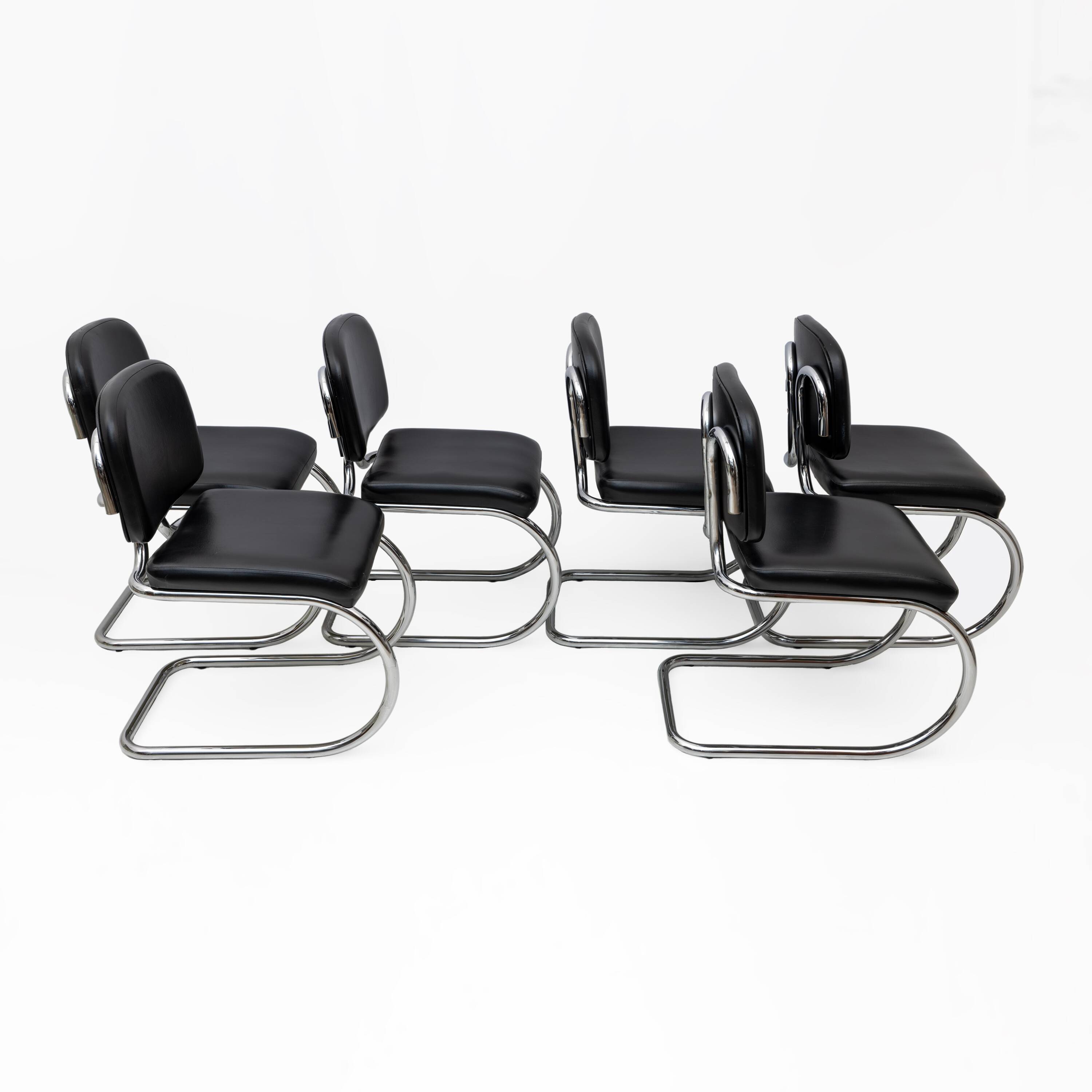 Six of Leatherette and Metal Chromed Cantilever Dining Chairs