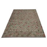 Geometric Kilim Rug Grey, Afghan Wool Carpet Handmade, Neutral Rustic Home