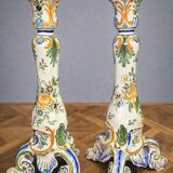 Pair of large polychrome ceramic candlesticks – Floral decoration – H 34 cm