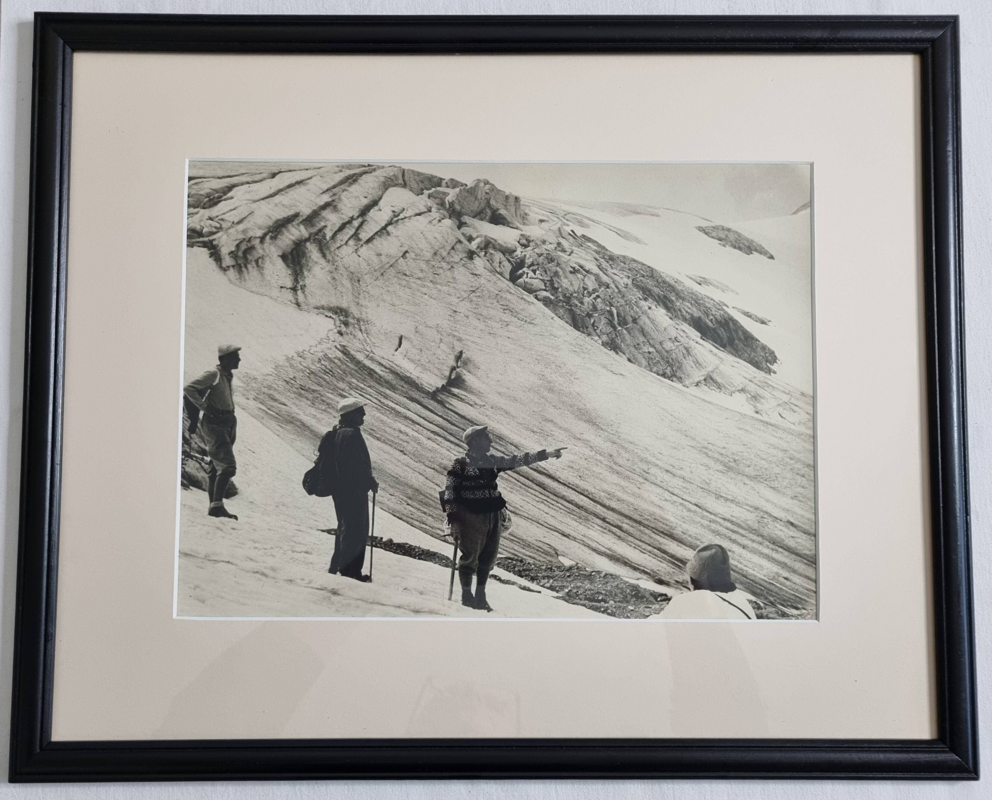 Vintage silver print of an alpine glacier and mountaineers, framed, 53x43 cm