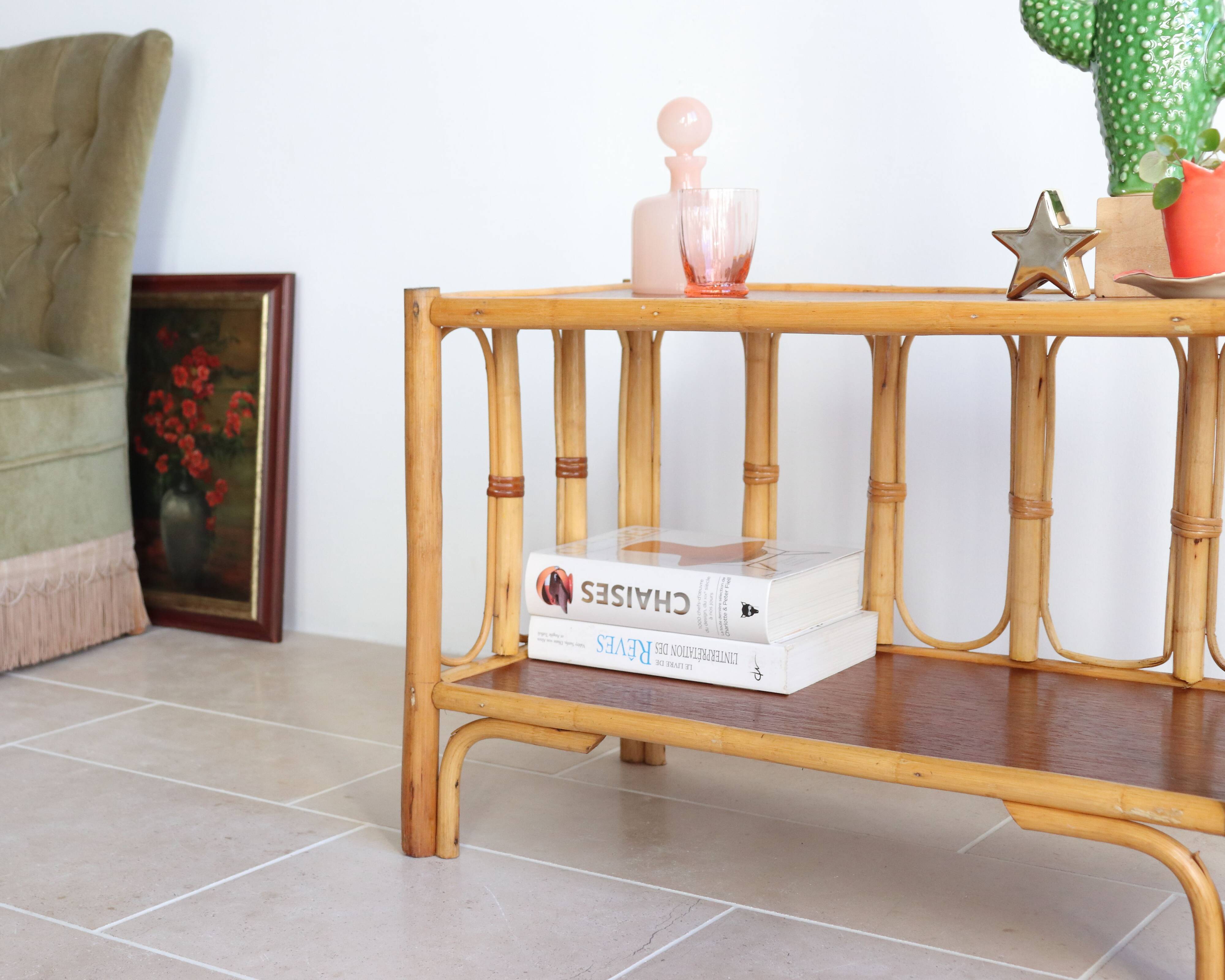 Vintage rectangular side coffee table in wood and rattan with magazine rack