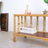Vintage rectangular side coffee table in wood and rattan with magazine rack