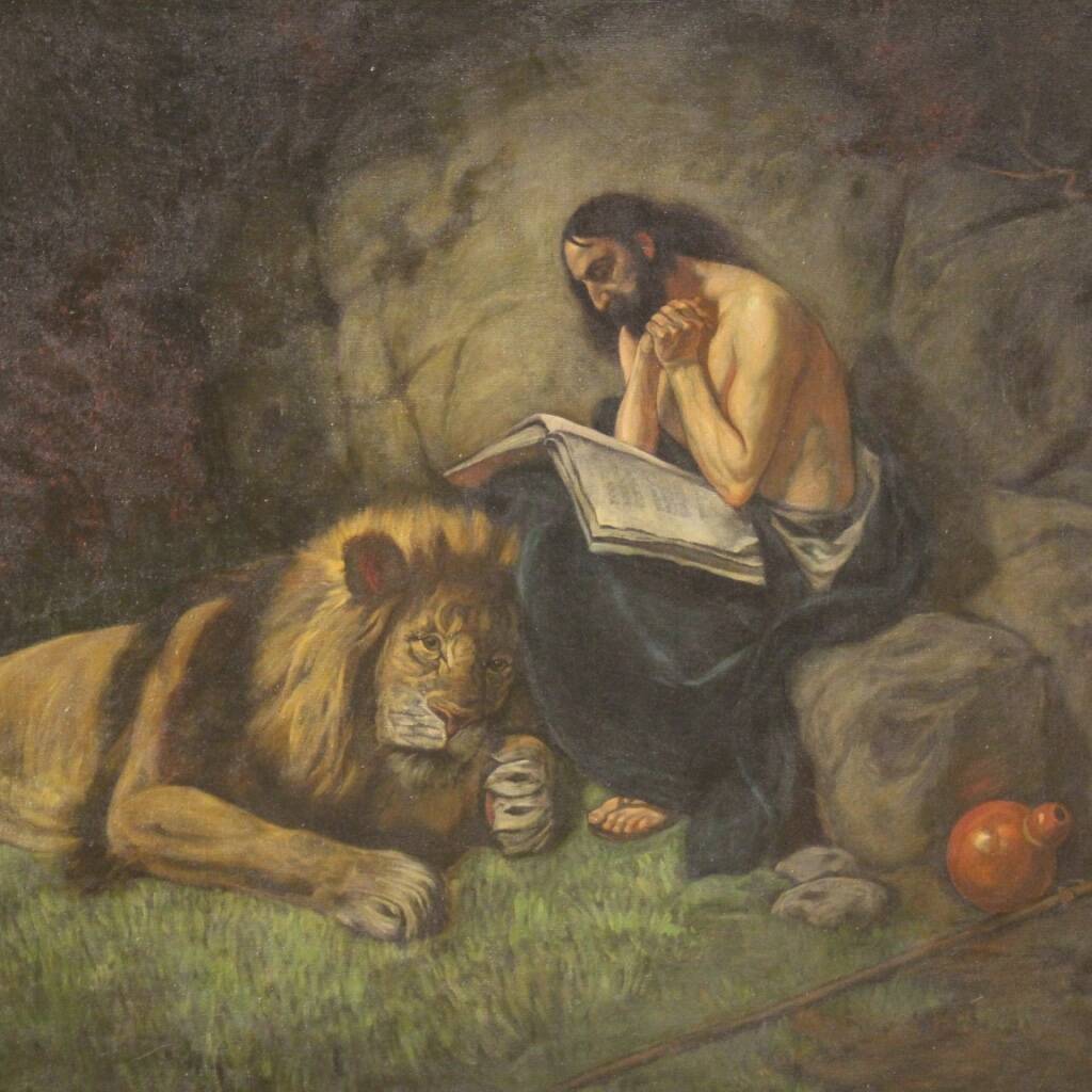 Tableau religieux italien représentant saint Jérôme avec un lion, datant du XXe siècle.