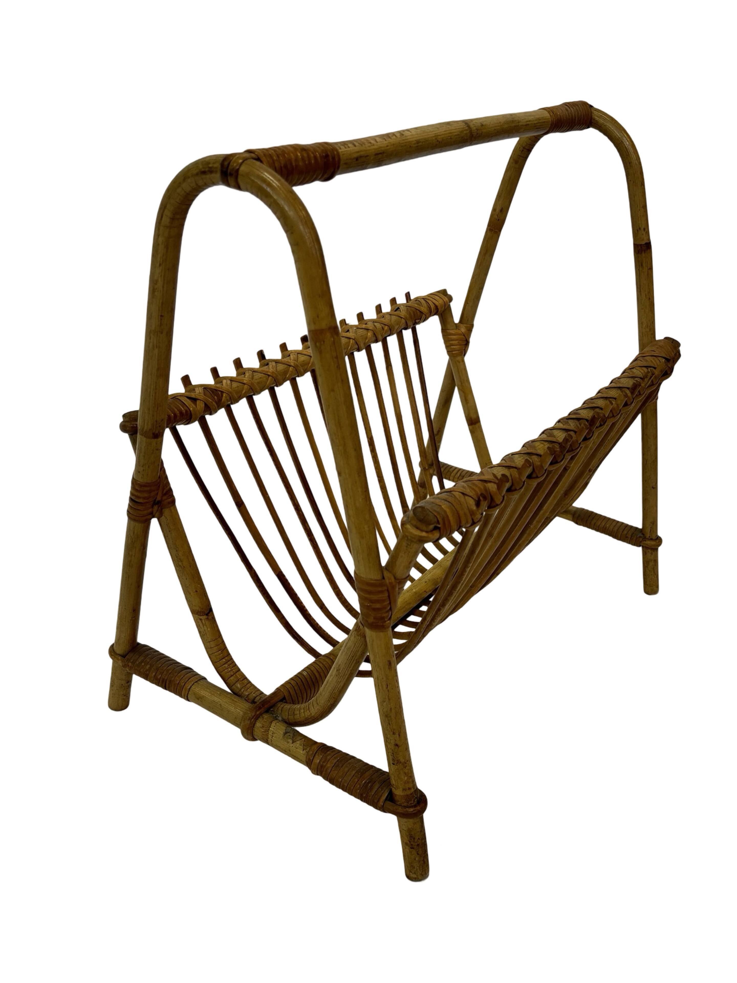Vintage Rattan Magazine Basket Newspaper Rack 60s Rohe