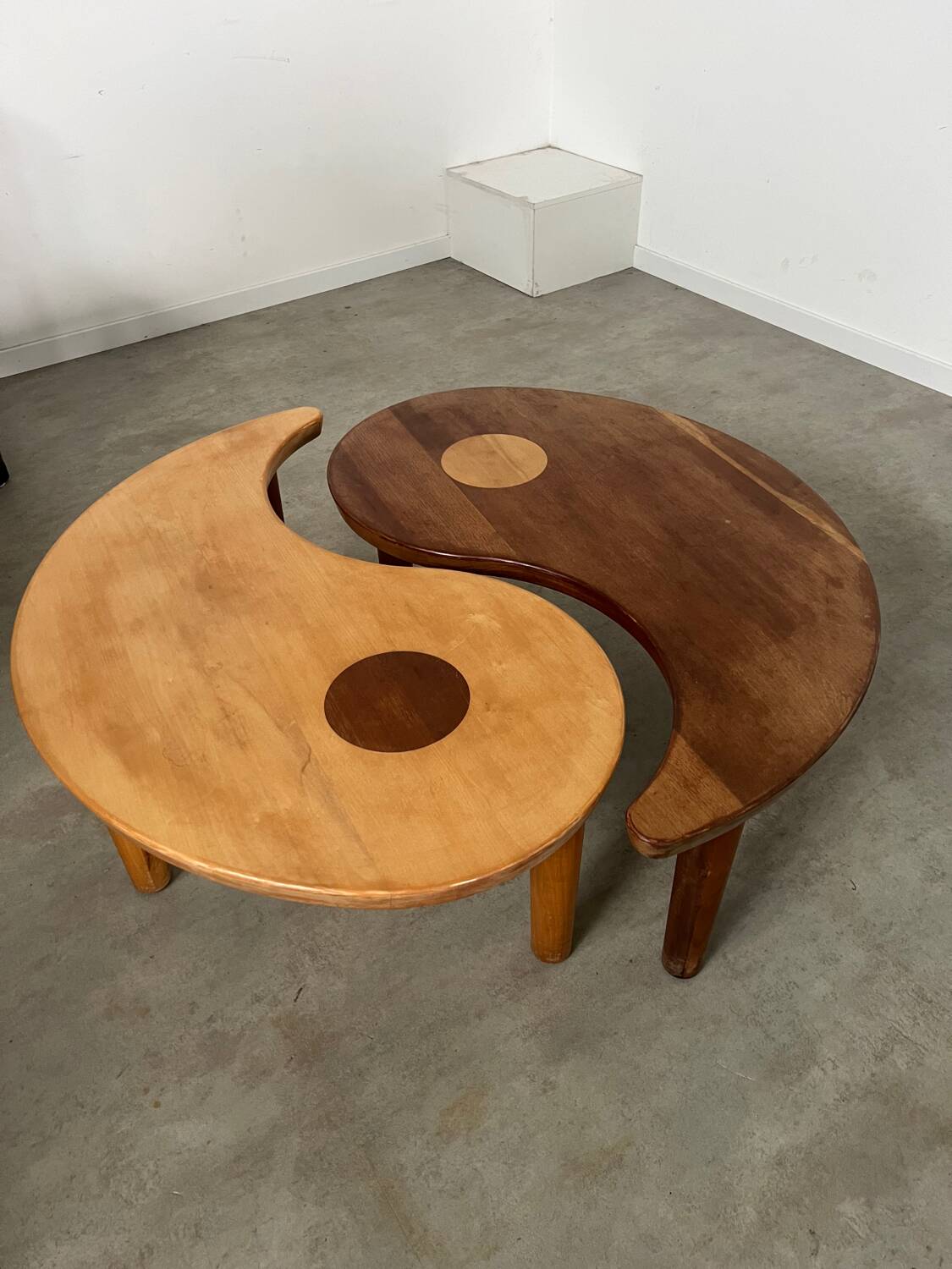 Solid wood coffee table with 2 Yin and Yang elements vintage 60s