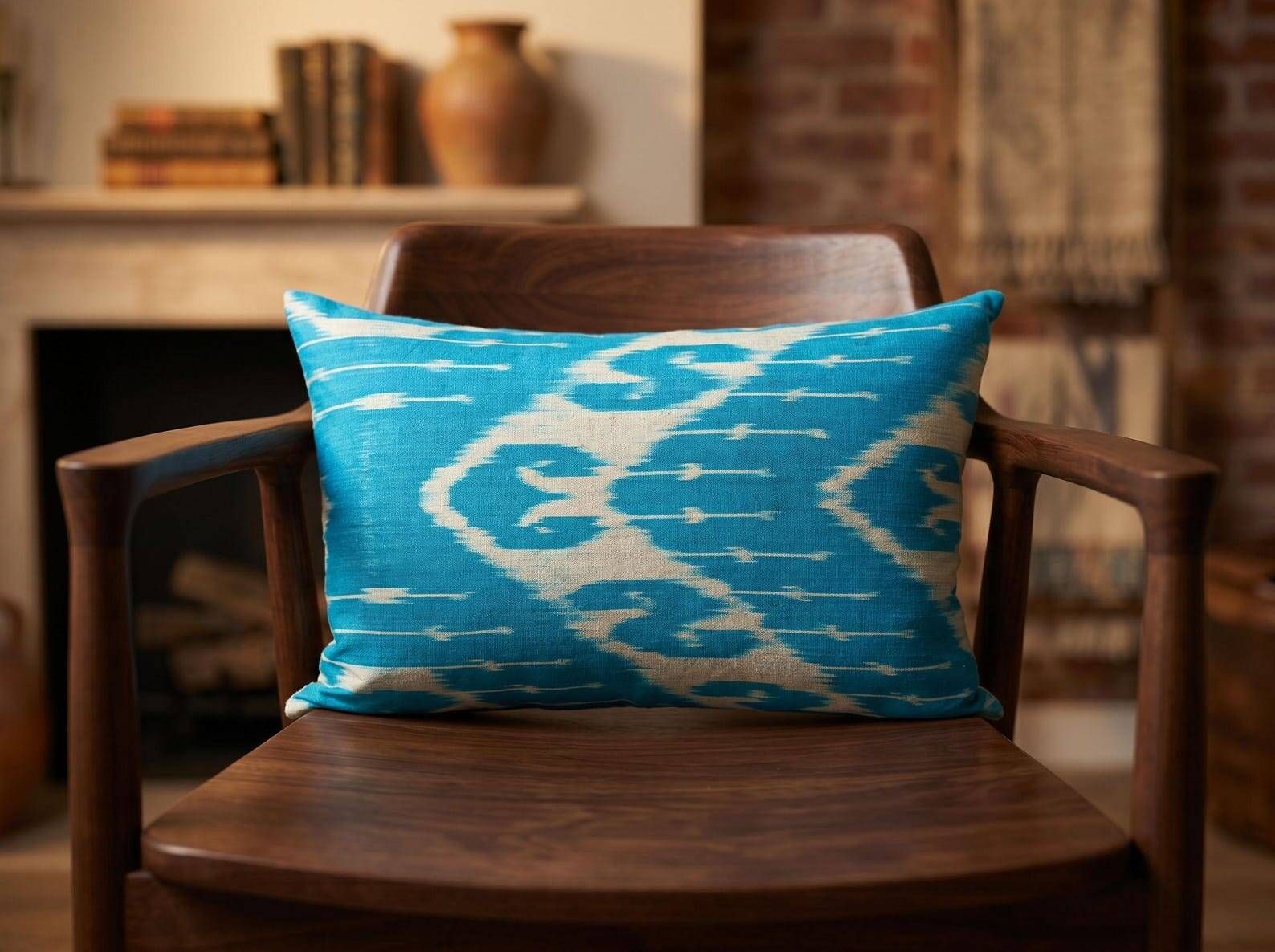 Handmade Silk Ikat Lumbar Cushion Cover, Sky Blue Oval Print Pillow Case