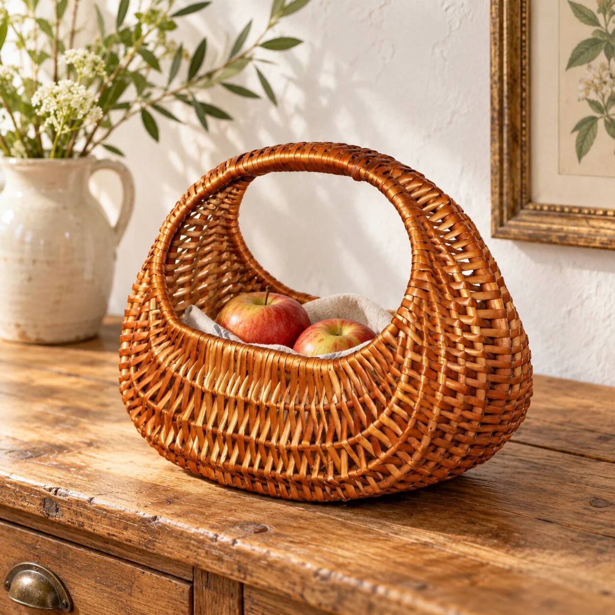 Petit panier vintage en osier tressé – Anse intégrée – Vannerie rétro