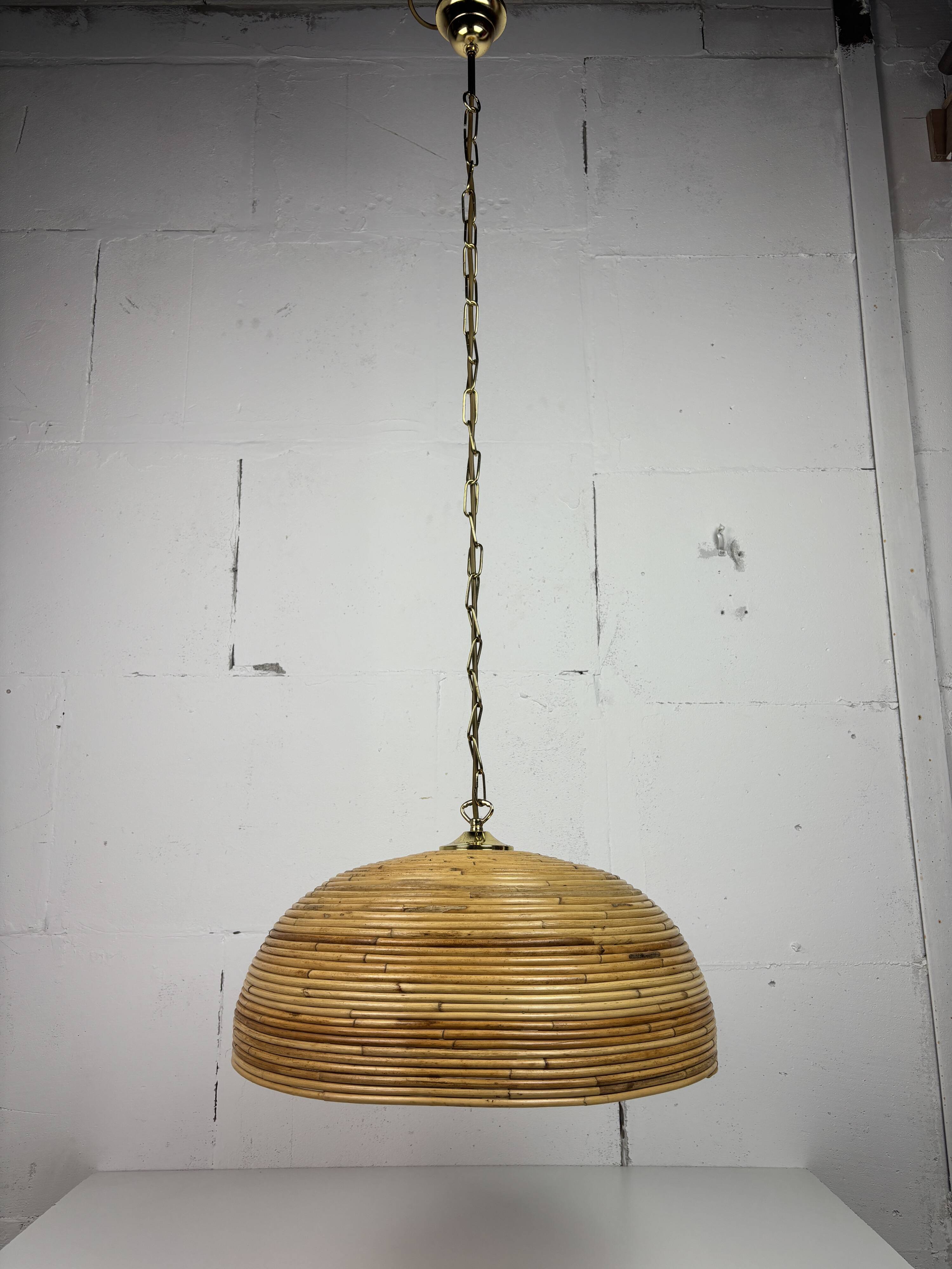 Midcentury Pencil Reed, Rattan, Bamboo and Brass Pendant Hanging Lamp, 1970
