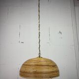 Midcentury Pencil Reed, Rattan, Bamboo and Brass Pendant Hanging Lamp, 1970