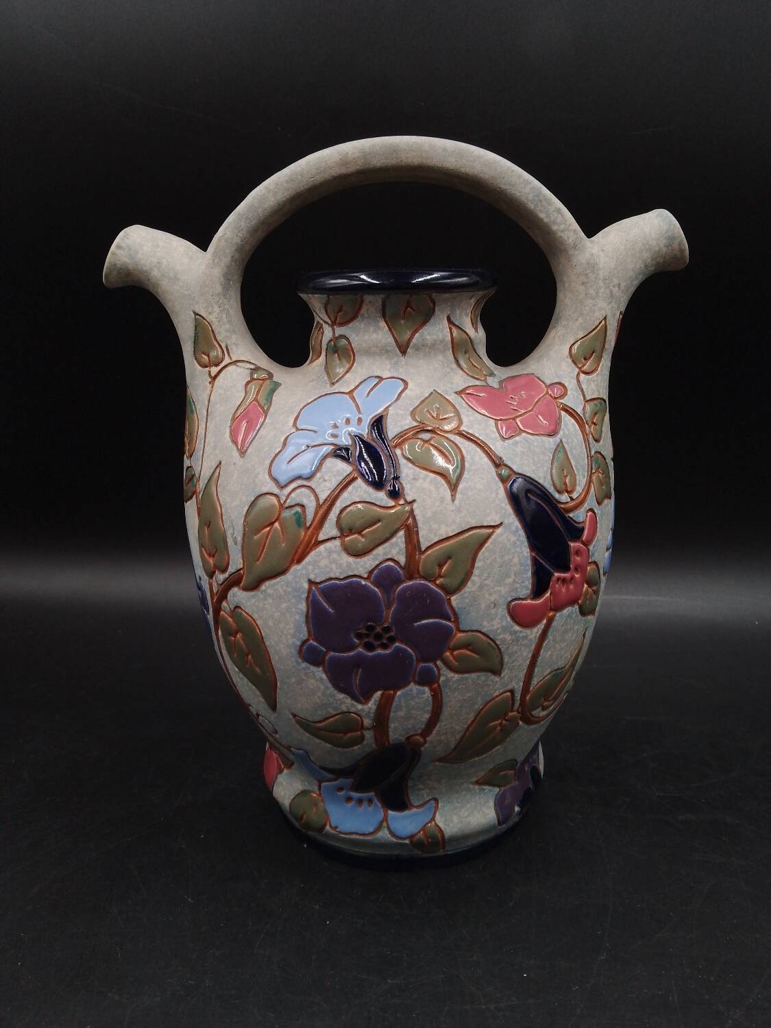Art Deco Enameled Flower Ewer Vase Signed Amphora Czech Republic
