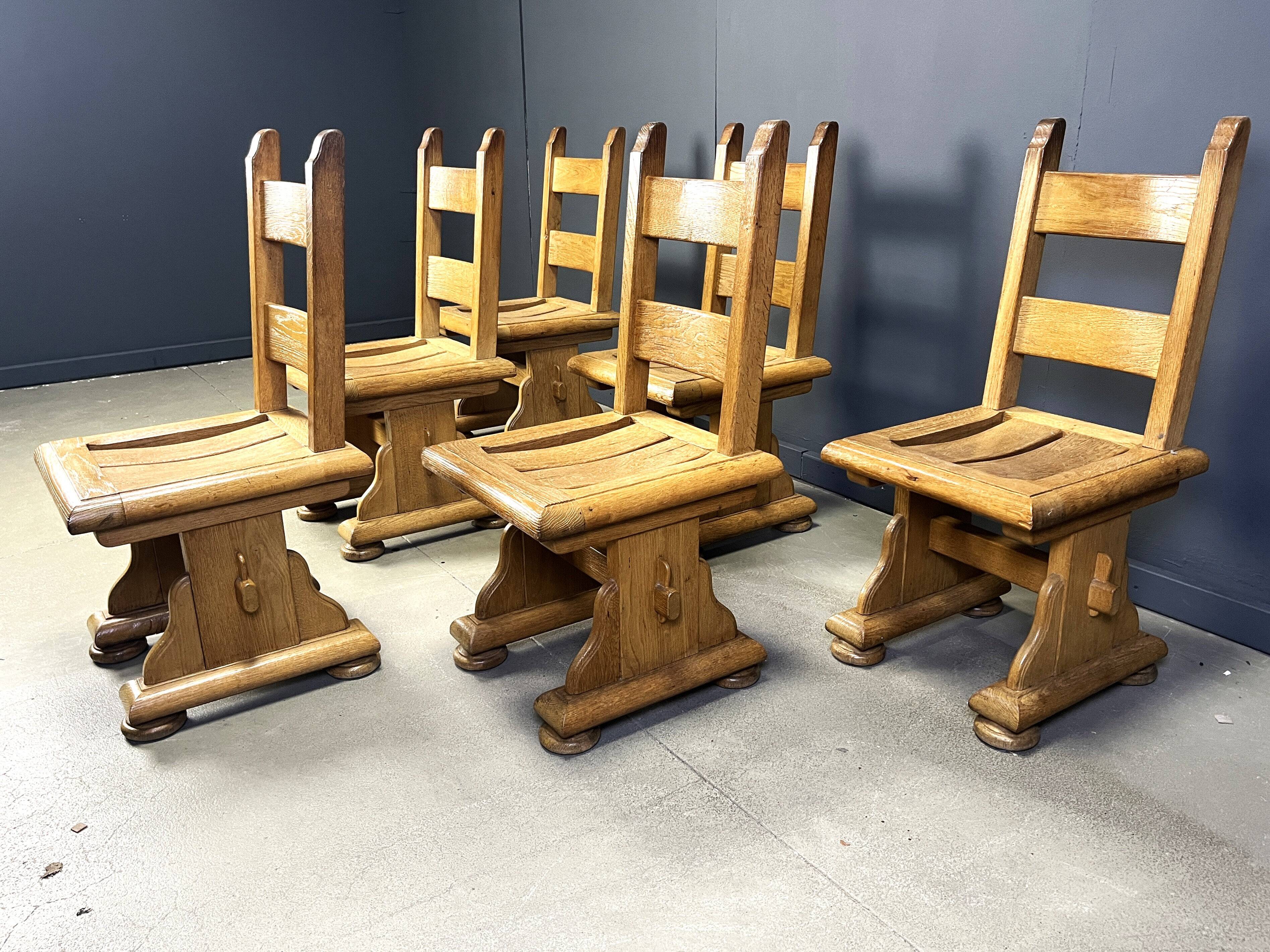 Solid oak brutalist dining chairs, 1960s