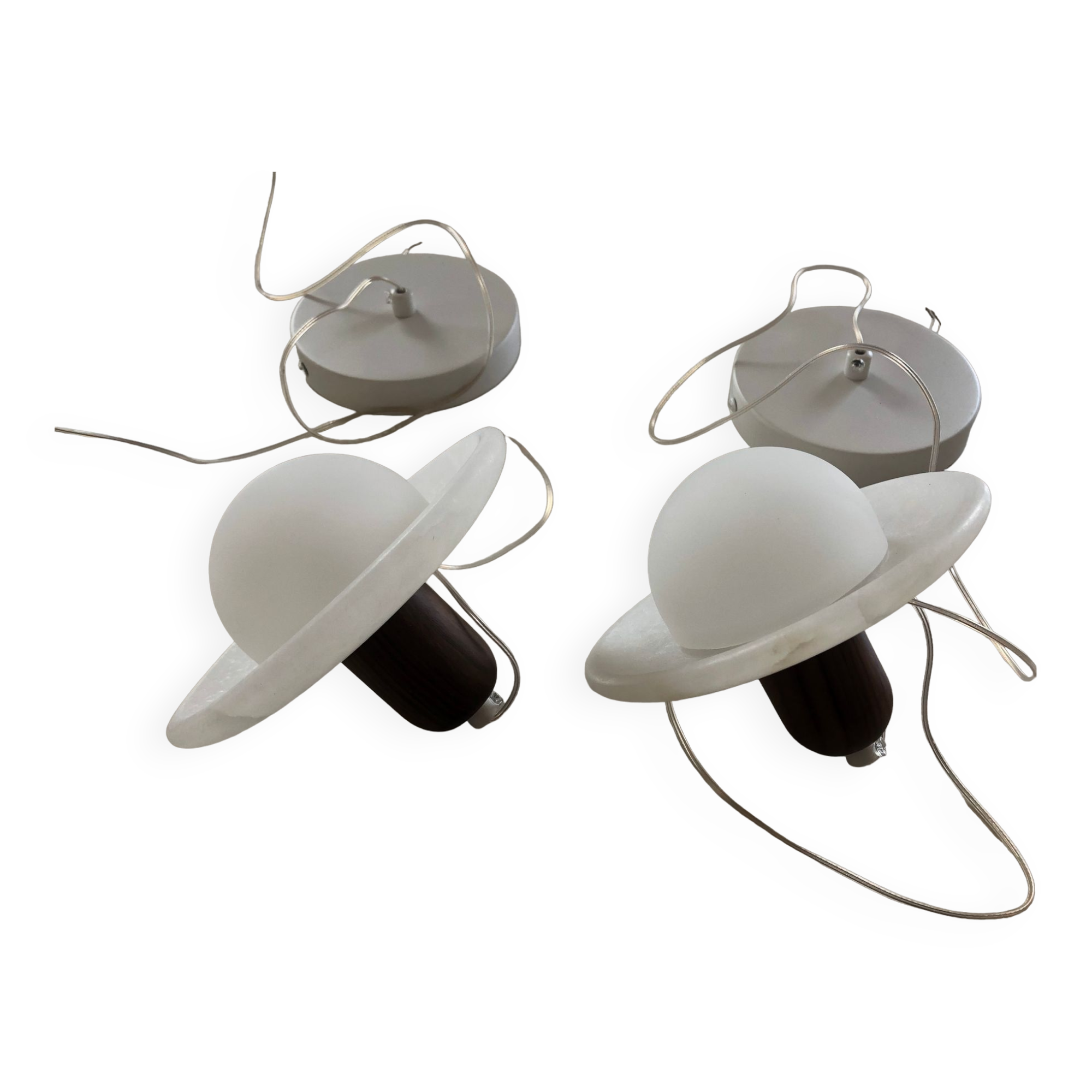 Pair of onyx and walnut suspended light fixtures
