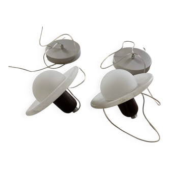 Pair of onyx and walnut suspended light fixtures