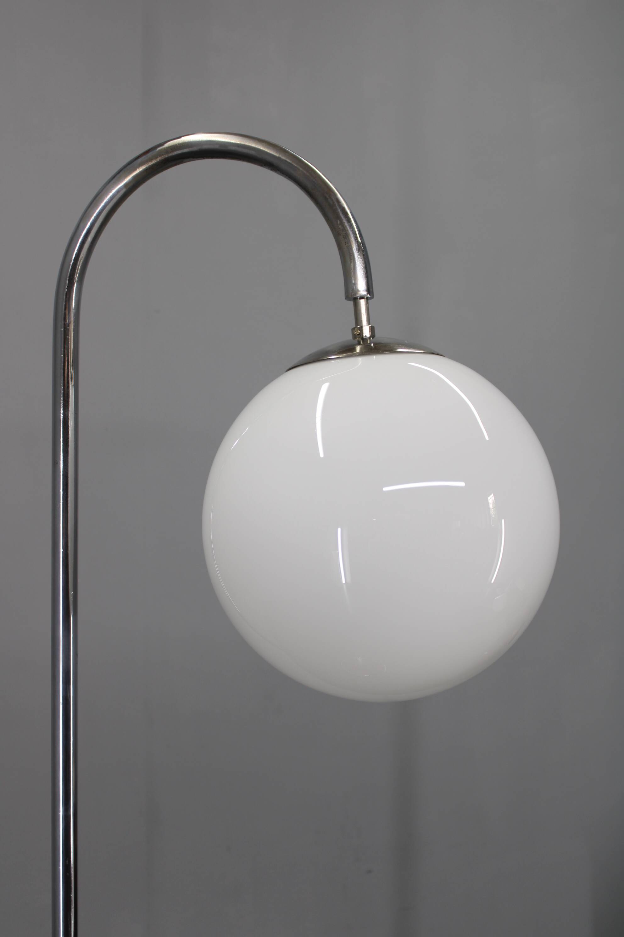 Art Deco chrome floor lamp, milk glass, walnut base, 1930s Czechoslovakia