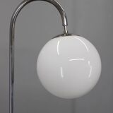 Art Deco chrome floor lamp, milk glass, walnut base, 1930s Czechoslovakia