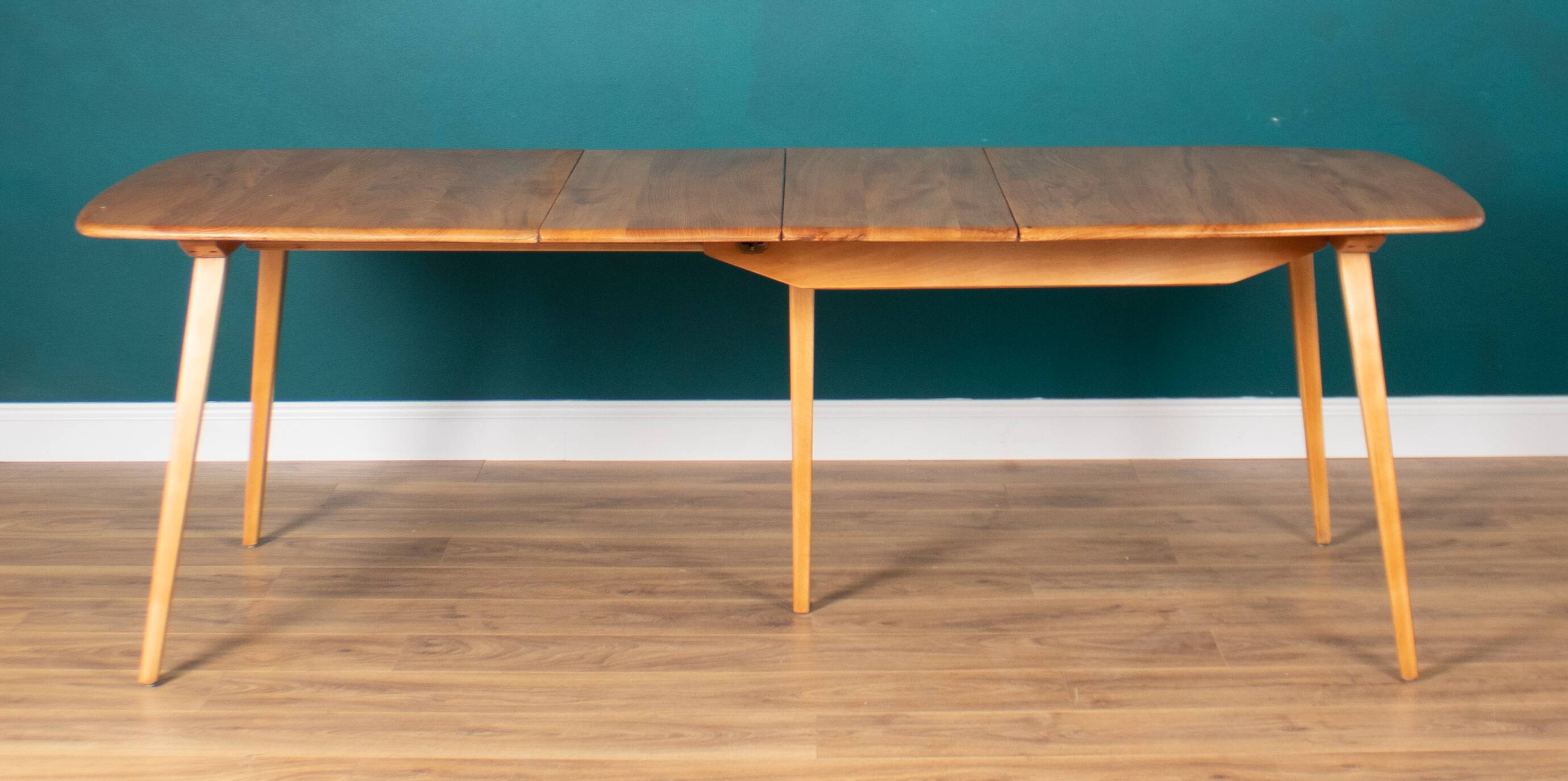 Table de salle à manger rétro en orme blond modèle 444, grande planche et 8 chaises de salle à manger d'orfèvre