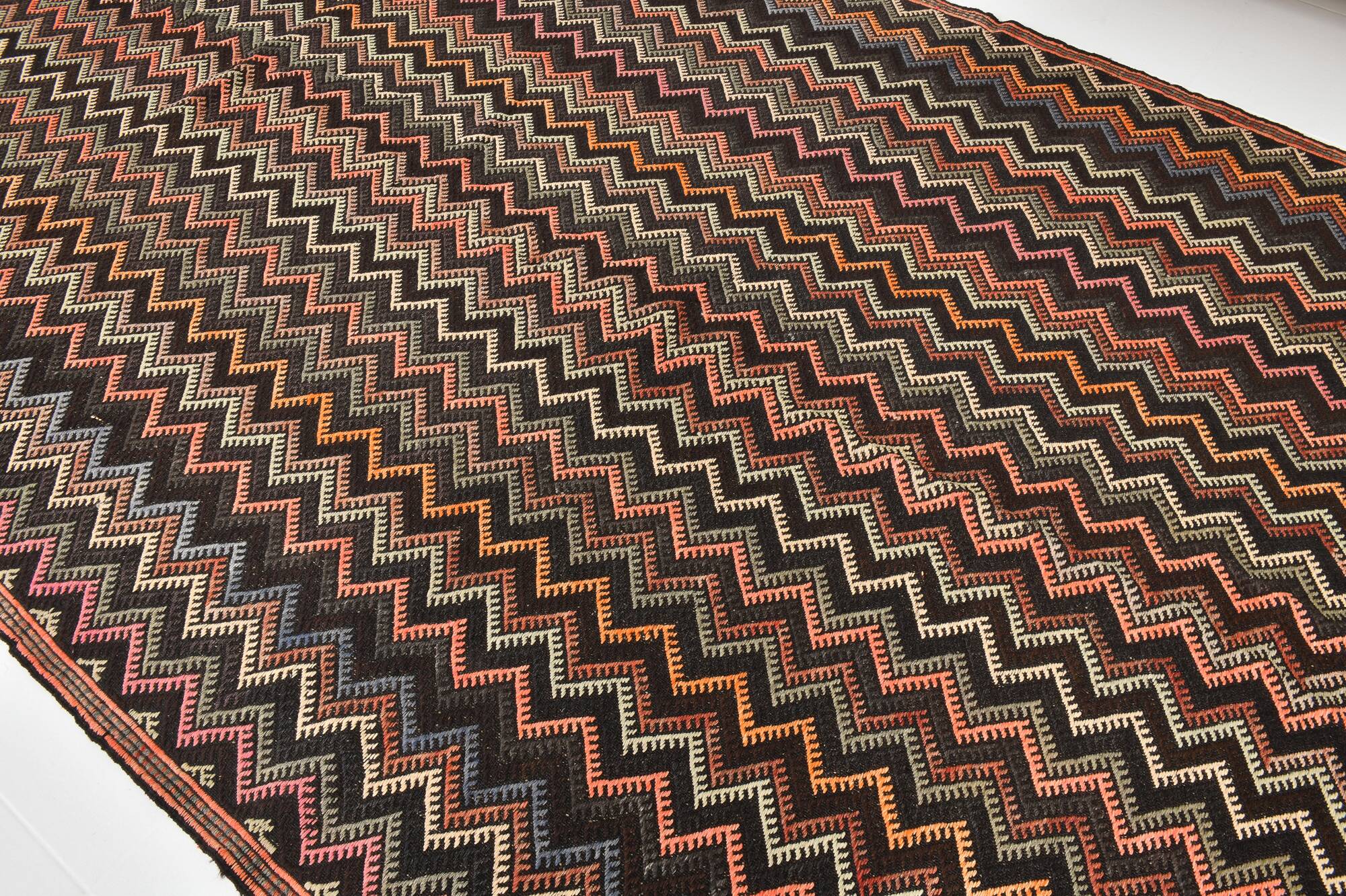 6x14 Pink & Brown Geometric Vintage Kilim Rug, 190x417Cm