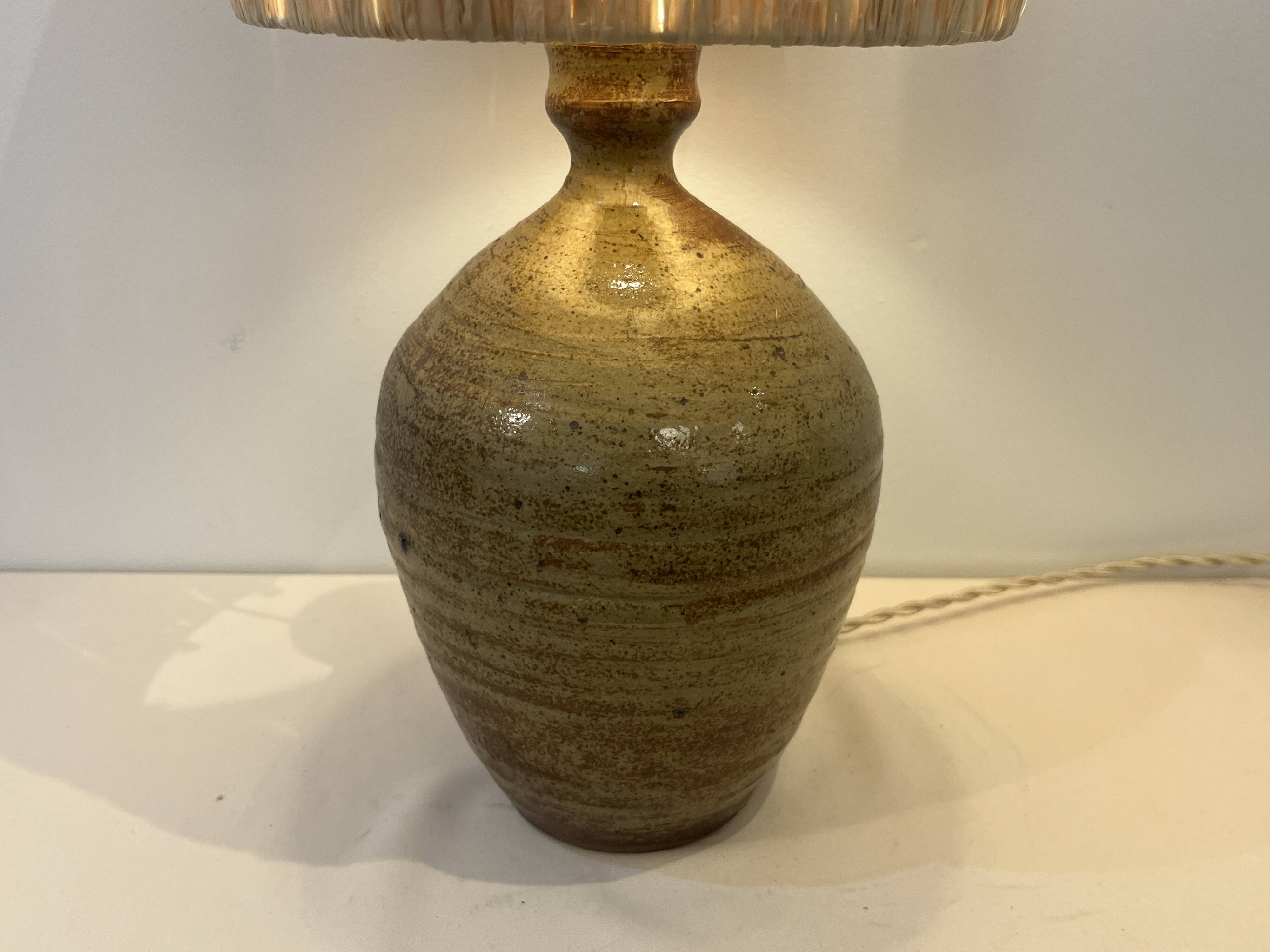 XXL Vintage Lamp Base in Beige Brown Stoneware with Raffia Lampshade 1970