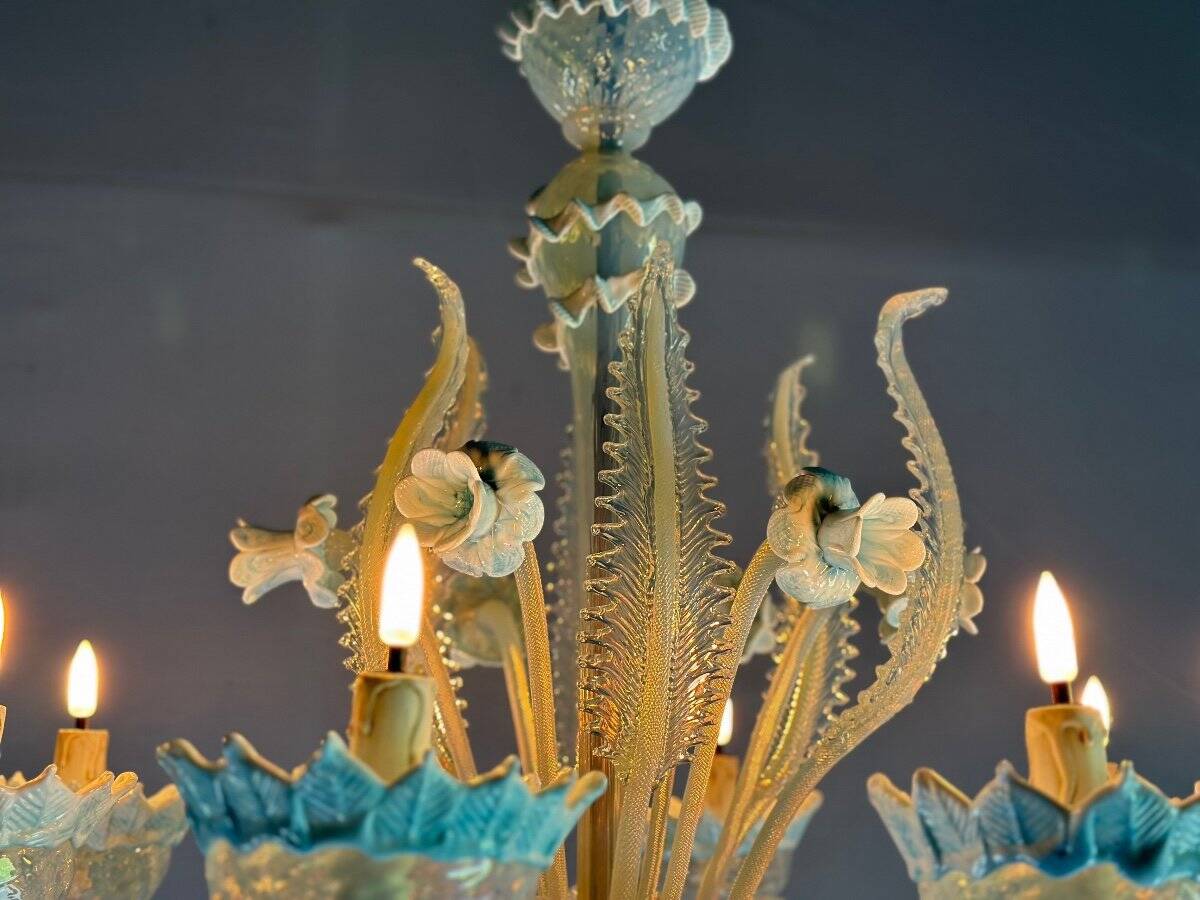 Venetian Chandelier In Murano Glass Two Tones Of Blue, Circa 1940, 8 Arms Of Light