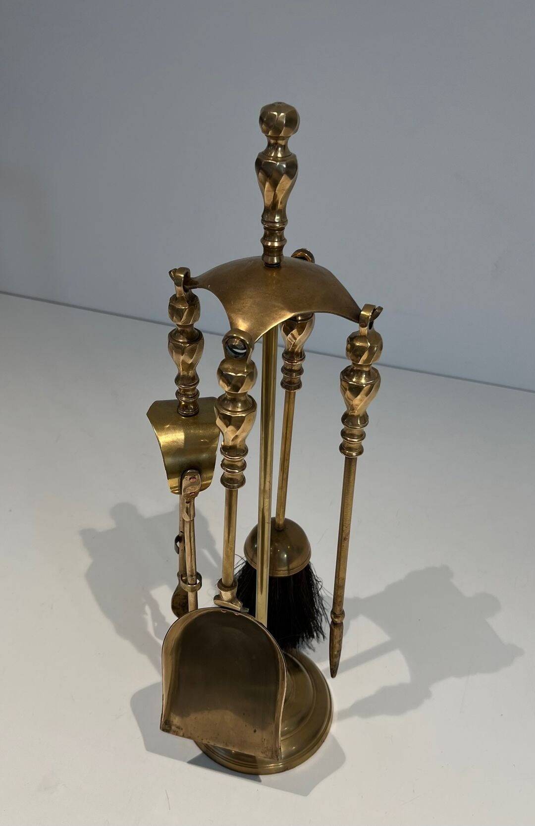 Neoclassical Brass Fire Tool Set with Arch and Ornate Balls.
