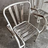 Ensemble de 4 chaises de jardin vintage en métal blanc et bois avec structures tubulaires en acier