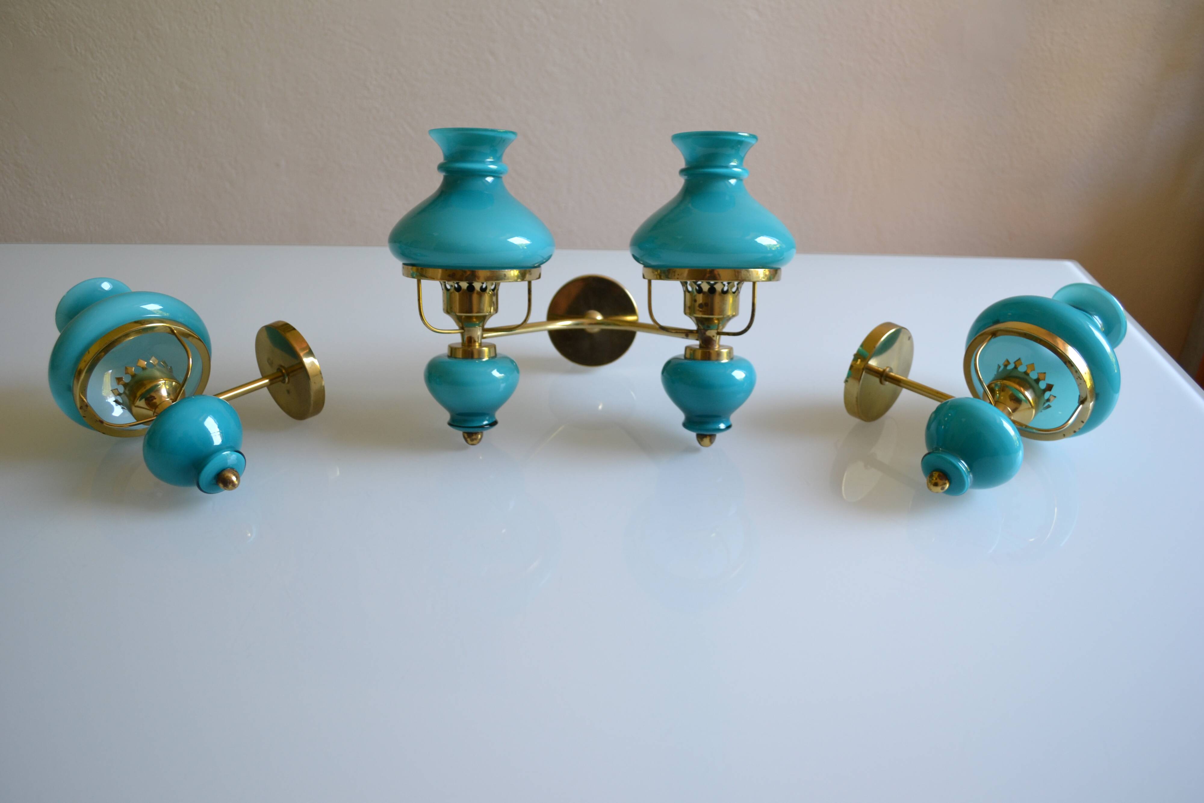 Series of 3 vintage brass and blue opaline wall lamps