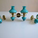 Series of 3 vintage brass and blue opaline wall lamps