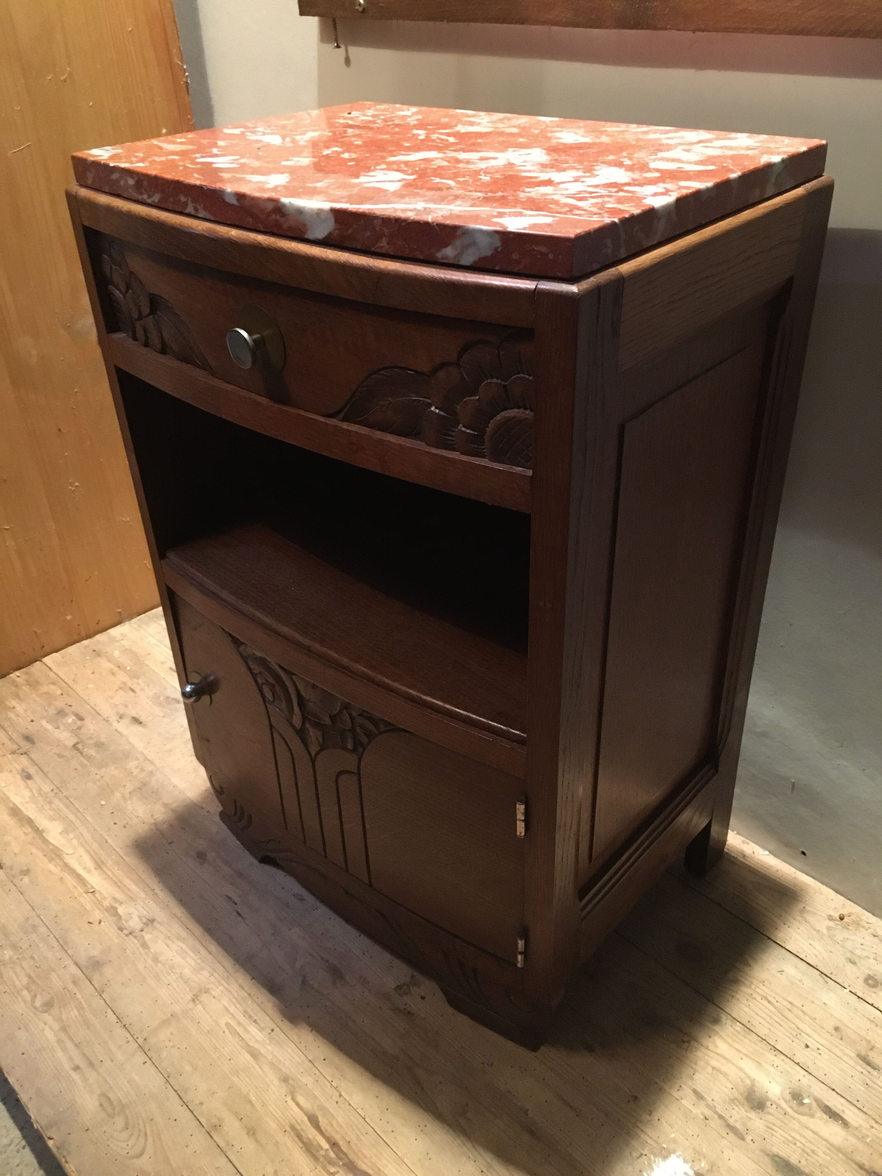 Solid oak bedside table with brown and white marble.