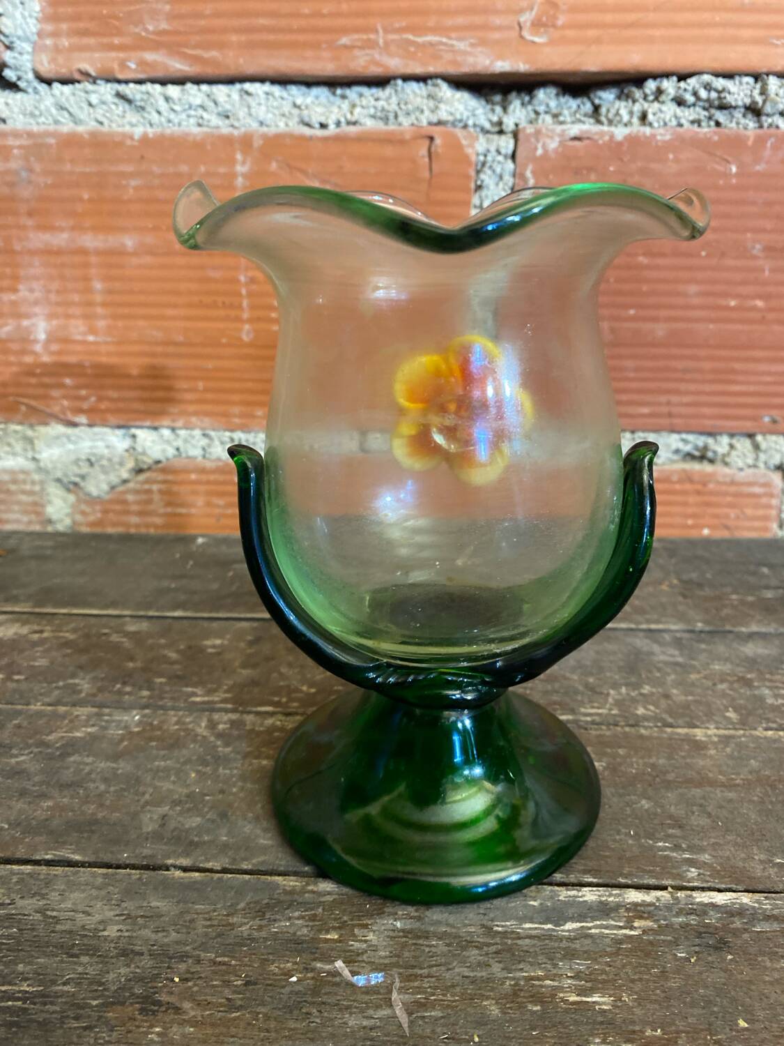 Vintage Murano Glass Vase with Orange and Yellow Flower Decoration, Italy
