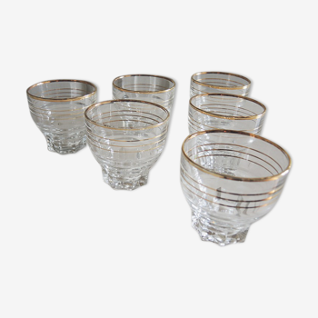 6 Anciens Gobelet en Verre Transparent avec Bandes Dorées H 5,7 cm